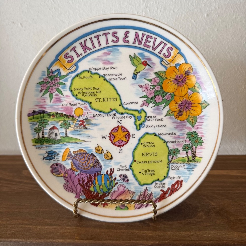 Vintage St Kitts & Nevis Caribbean Island Map‎ Gold Trim Souvenir Plate